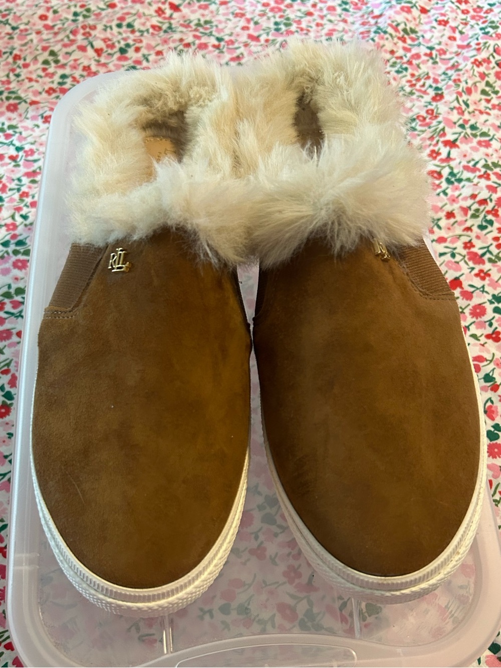 Ralph Lauren Brown Suede Slip-On Fur Lined Sneakers